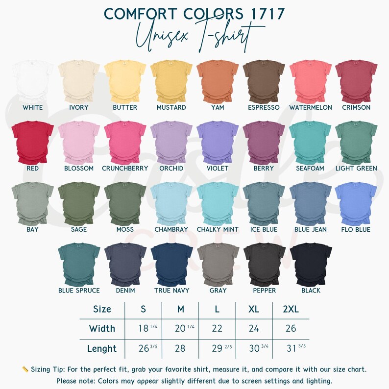 May include: A display of Comfort Colors unisex t-shirts in various colors, including white, ivory, butter, and red. The image includes a size chart with measurements in inches, ranging from S to 2XL, with widths from 18 1/4 to 26 inches.