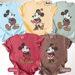 May include: Five Comfort Colors t-shirts in various colors: Chambray, Butter, Bay, Crimson, and Espresso. Each shirt features a Disney character graphic. The shirts are short-sleeved and have rolled-up sleeves.