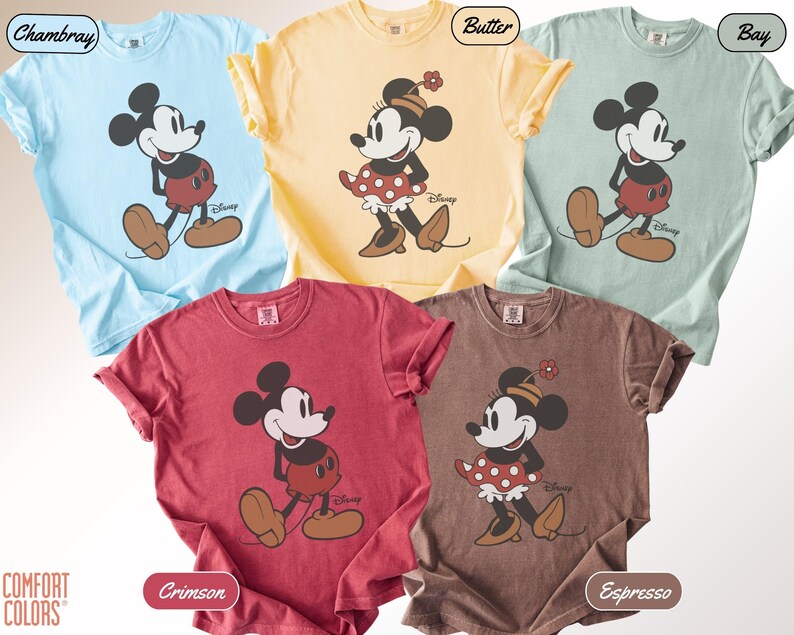 May include: Five Comfort Colors t-shirts in various colors: Chambray, Butter, Bay, Crimson, and Espresso. Each shirt features a Disney character graphic. The shirts are short-sleeved and have rolled-up sleeves.