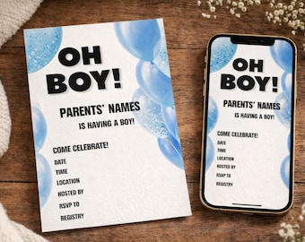 Invitación para baby shower de niño, globos azules, diseño moderno (descarga digital)