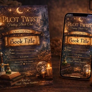 May include: An invitation for a fantasy book club, featuring the text "Plot Twist" and "Chapter One." The design includes a moon, stars, and a forest scene. A smartphone displays the same design. Lit candles and a lantern add to the ambiance.