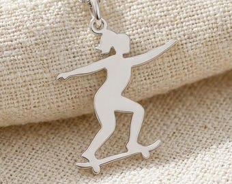 Skateboard Girl Necklace | 925 Sterling Silver for Skaters | Sporty Minimalist Active Lifestyle | Birthday Graduation Encouragement