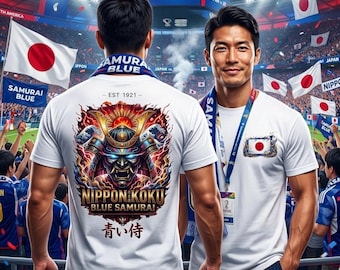 Japan Blue Samurai Graphic Tee - Japanese Oni Mask T-Shirt - World Cup 2026 Fan Gear - Nippon Koku Aesthetic Streetwear - Worldcup football