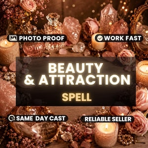 Peut inclure: Une collection de cristaux de quartz rose, de roses roses et de flacons de parfum en verre disposés avec des bougies allumées. L'image contient le texte : PHOTO PROOF, WORK FAST, BEAUTY & ATTRACTION SPELL, SAME DAY CAST et RELIABLE SELLER.