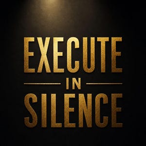 May include: Gold-colored text on a black background reads "EXECUTE IN SILENCE". The text is in a bold, sans-serif font, with a subtle metallic sheen. The words are separated by horizontal lines, creating a clean and modern design.