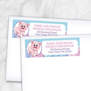 Happy Pig Address Labels, Pink Blue Purple Plaid Pattern Printed Return Address Labels image 1