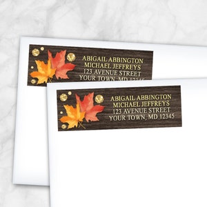 Autumn Address Labels, Rustic Falling Leaves with Gold, wood gold glitter-illustrated fall design Printed Return Address Labels image 1