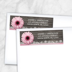 Pink Daisy Address Labels, Lace Rustic Wood Floral Printed Address Labels image 1