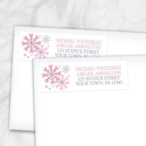 Winter Address Labels, Pink Silver Snowflake design on White Printed image 1
