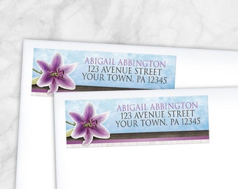 Purple Lily Address Labels, Pretty Floral and Wood design with blue - Printed Return Address Labels