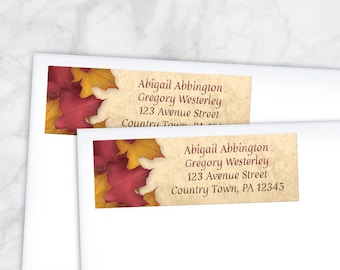 Burgundy Gold Autumn Address Labels, rustic fall leaves - Printed Return Address Labels