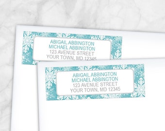 Teal Winter Address Labels, snowflake pattern in teal turquoise white - Printed Return Address Labels