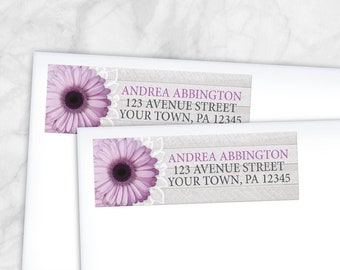 Purple Daisy Address Labels, Rustic Floral and Light Gray Wood - Printed return address labels