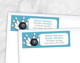 Blue Bowling Address Labels, bowling ball and pins - 3" x 1" Printed Address Labels