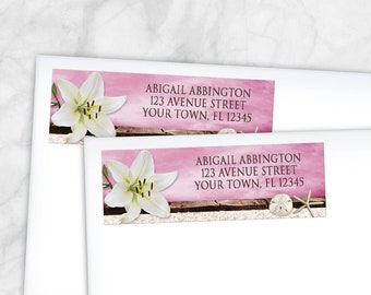 Beach Address Labels, Lily Seashells Sand Magenta, Pink Rustic Brown Wood and Beige Sand - Printed