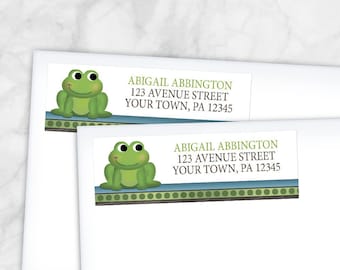 Cute Frog Address Labels, Rustic Wood Green Froggy with Blue Brown - Printed Return Address Labels