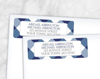 Navy Blue Gingham Address Labels, check pattern in navy blue and white - Printed Return Address Labels