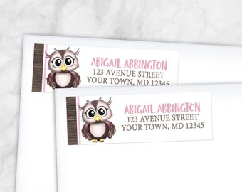 Owl Address Labels, Cute Rustic with Pink and Brown Wood - Printed Return Address Labels