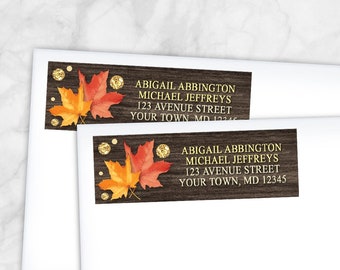 Autumn Address Labels, Rustic Falling Leaves with Gold, wood gold glitter-illustrated fall design - Printed Return Address Labels