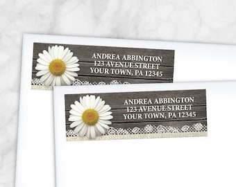 Daisy Address Labels, Rustic Burlap and Lace Wood - Printed Return Address Labels