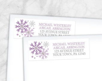 Winter Address Labels, Purple Silver Snowflake design on white - Printed Return Address Labels