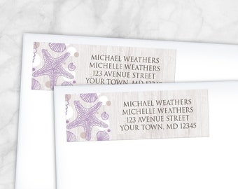 Purple Beach Return Address Labels, Seashell Whitewashed Wood, Modern Rustic Beach Seashells - Printed Address Labels