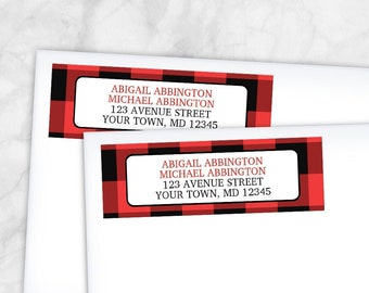 Buffalo Plaid Address Labels, red black check pattern - Printed Return Address Labels