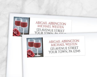 Red Wine Address Labels, Wine Glasses Red Rose Floral with Blue, Vineyard or Winery - Printed Address Labels