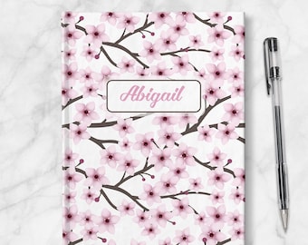 Cherry Blossom Personalized Journal, pretty pink floral gift - 5x7 lined paper or blank paper, Printed Hardcover Journal or Sketchbook