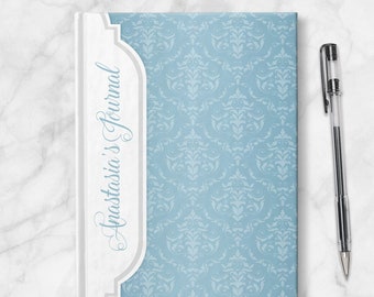 Blue Damask Personalized Journal - 5x7 lined paper or blank paper, Printed Hardcover Journal or Sketchbook