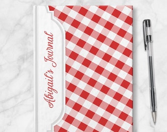 Red Gingham Personalized Journal - 5x7 lined paper or blank paper, Printed Hardcover Journal or Sketchbook