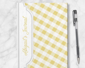 Yellow Gingham Personalized Journal - 5x7 lined paper or blank paper, Printed Hardcover Journal or Sketchbook