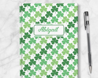 Green Clovers Personalized Journal, shamrocks St Patrick's Day gift, 5x7 lined paper or blank paper, Printed Hardcover Journal or Sketchbook