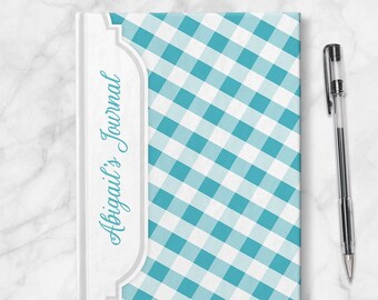 Turquoise Gingham Personalized Journal - 5x7 lined paper or blank paper, Printed Hardcover Journal or Sketchbook