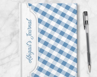 Blue Gingham Personalized Journal, blue white check pattern - 5x7 lined paper or blank paper, Printed Hardcover Journal or Sketchbook