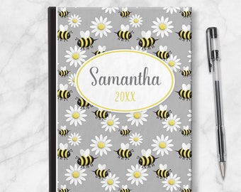 Happy Bee Daisy Personalized Journal, gray yellow black - 5x7 lined paper or blank paper, Printed Hardcover Journal or Sketchbook