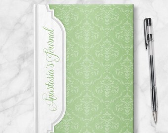 Green Damask Personalized Journal - 5x7 lined paper or blank paper, Printed Hardcover Journal or Sketchbook