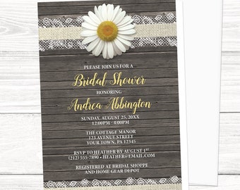 Daisy Bridal Shower Invitations, Burlap and Lace Rustic Wood - Printed