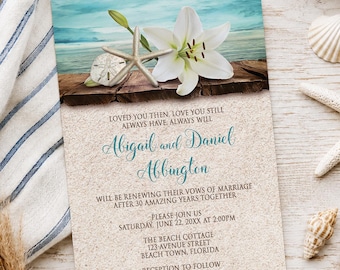 Beach Vow Renewal Invitations, Lily Seashells Sand Teal - Printed with Envelopes