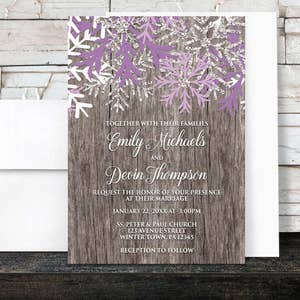 Rustic Winter Wedding Invitations Purple Snowflake design over Country Wood Printed Invitations image 1