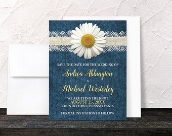 Daisy Save the Date Cards - Burlap Lace Rustic Country Denim Floral - Yellow Blue Beige - Printed Wedding Save the Date Cards