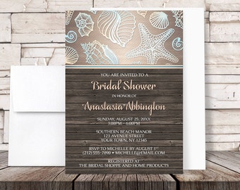 Beach Bridal Shower Invitations - Rustic Brown Wood and Seashell design with Blue and Orange Accents - Printed Invitations