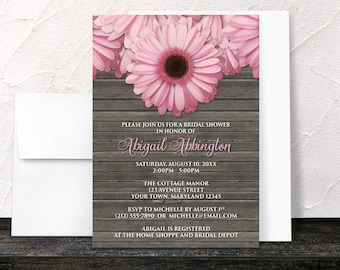 Pink Daisy Bridal Shower Invitations - Rustic Floral on Brown Wood for Spring or Summer - Printed Invitations