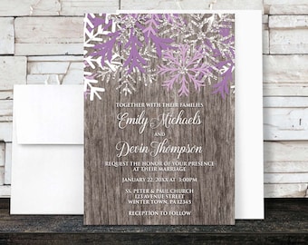 Rustic Winter Wedding Invitations - Purple Snowflake design over Country Wood - Printed Invitations