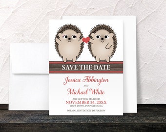 Hedgehog Save the Date Cards - Rustic Brown Wood - Cute Cartoon Hedgehogs holding red Heart - Printed Cards