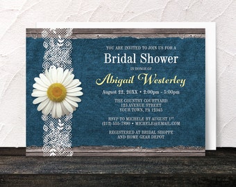 Daisy Bridal Shower Invitations - Denim and Lace over a Rustic Country Wood design - White Yellow Blue and Brown - Printed Invitations