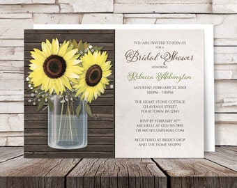 Sunflower Bridal Shower Invitations - Mason Jar on Rustic Brown Wood with Beige - Yellow Floral design - Printed Invitations