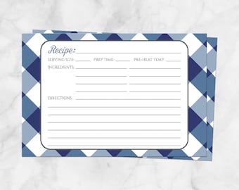 Navy Blue Gingham Recipe Cards, navy blue and white country check pattern, double-sided - 4x6 Printed Recipe Cards