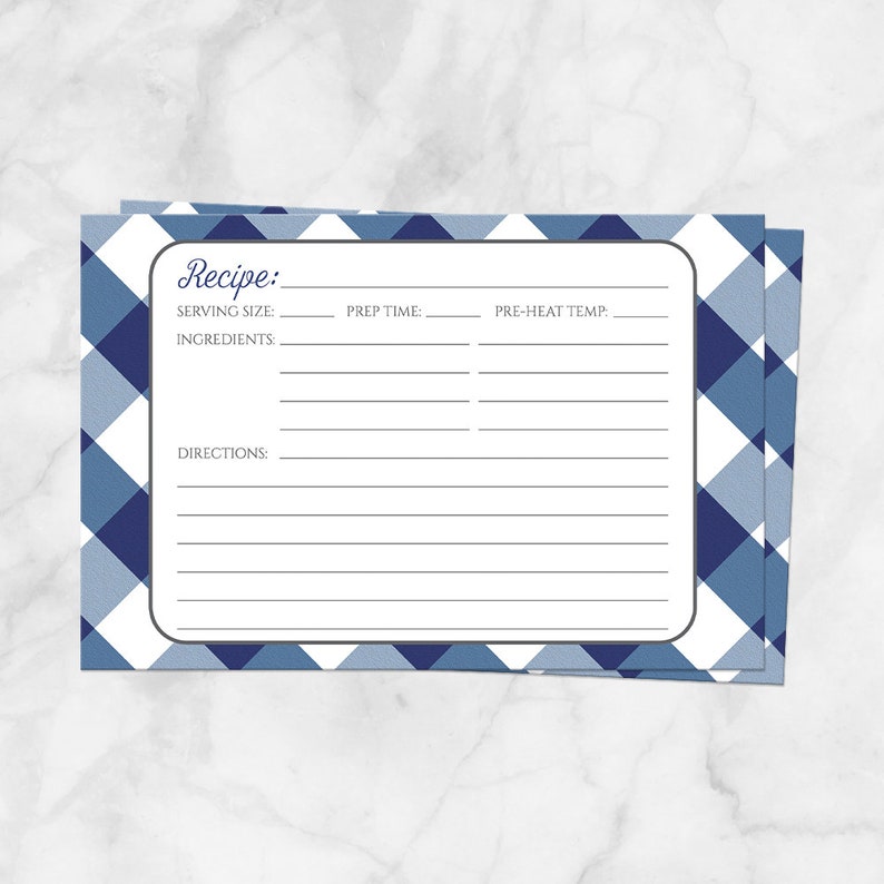 Navy Blue Gingham Recipe Cards, navy blue and white country check pattern, double-sided 4x6 Printed Recipe Cards image 1