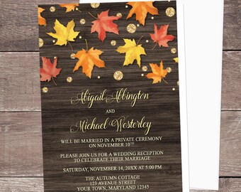 Autumn Reception Only Invitations - Rustic Falling Leaves Wood, Gold Glitter-illustrated, Fall Reception Invitations, Printed Invitations